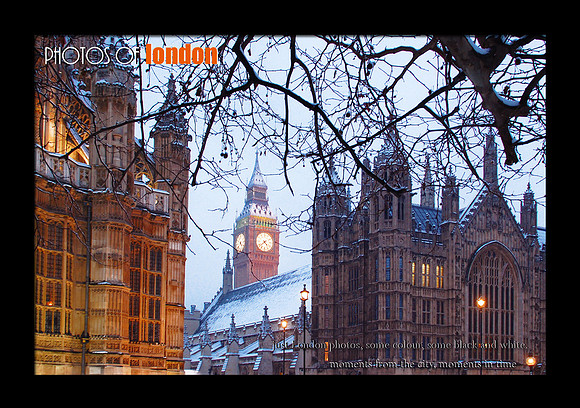 Big Ben, snow and Westminster Abbey