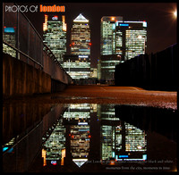Canary Wharf skysrcapers reflected in a puddle